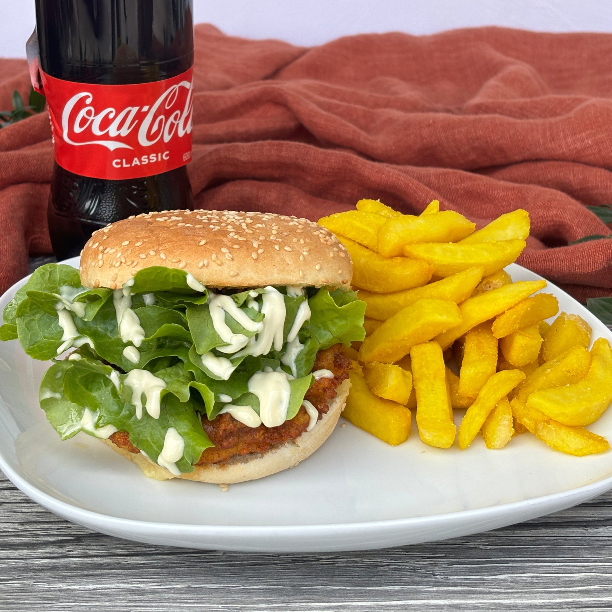 Chicken Burger, Chips & 600ml Coca-Cola