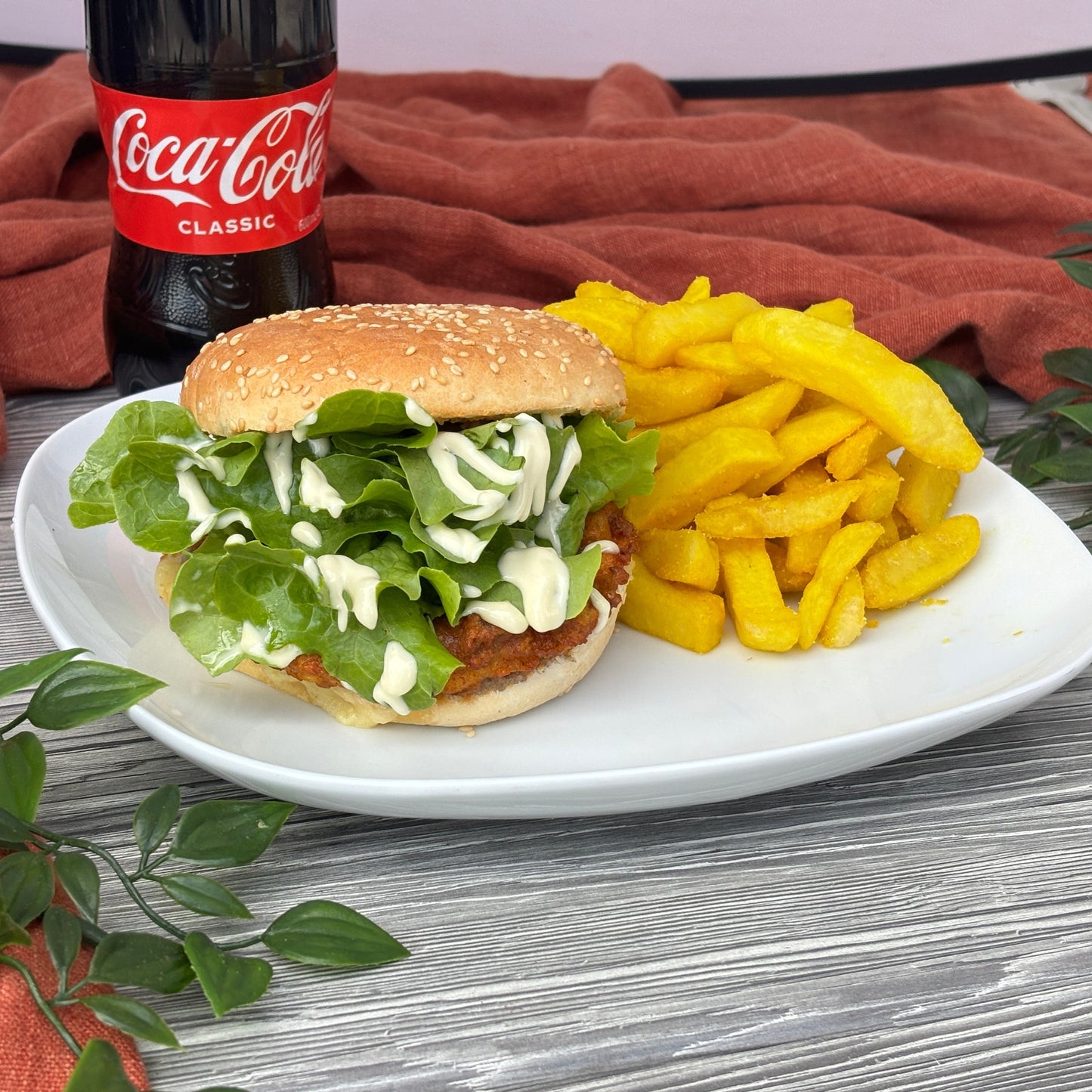 Chicken Burger, Chips & 600ml Coca-Cola